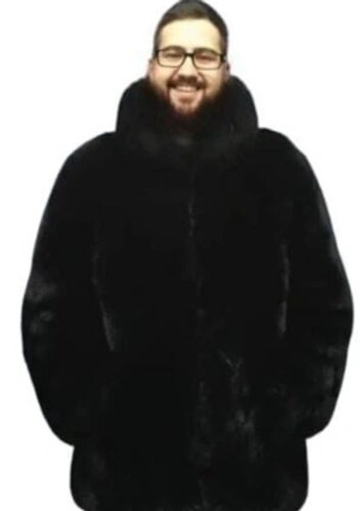 Pre-owned Handmade Man's Real Fox Fur Bomber Jacket Coat All Sizes With Real Chinchilla Fur Collar In Black Brown