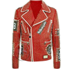 HANDMADE MEN'S RED COLOR SILVER STUDDED & PATCHES GENUINE LEATHER BIKER FASHION JACKET
