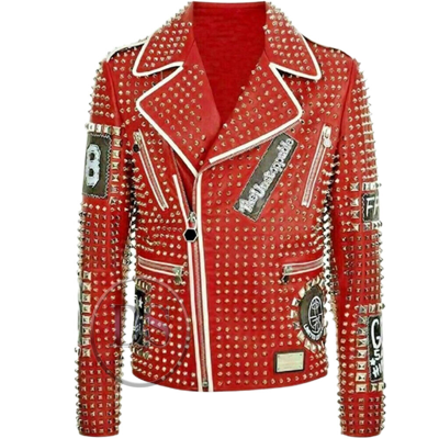 Pre-owned Handmade Men's Red Color Silver Studded & Patches Genuine Leather Biker Fashion Jacket In Same As Shown In Picture