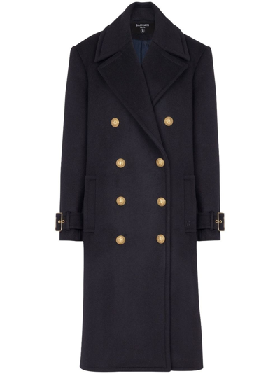 Balmain Oversized Double Breasted Wool Coat In Blue