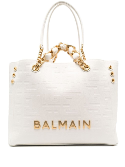 Balmain 1945 Leather Tote Bag In White