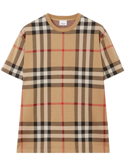 Burberry Check Motif Wool T-shirt In Beige