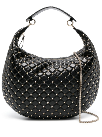 Valentino Garavani Rockstud Spike Leather Hobo Bag In Black