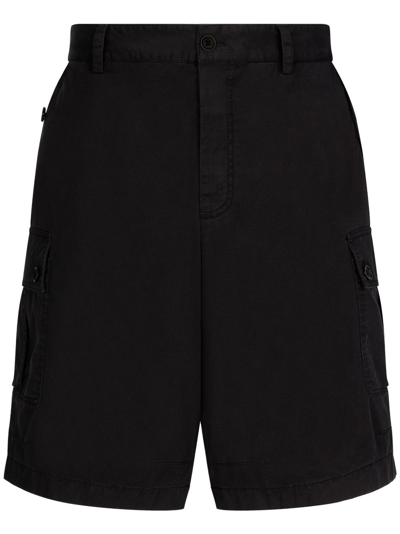 Dolce & Gabbana Cargo Cotton Stretch Bermuda Shorts With Logo Plaque In Black