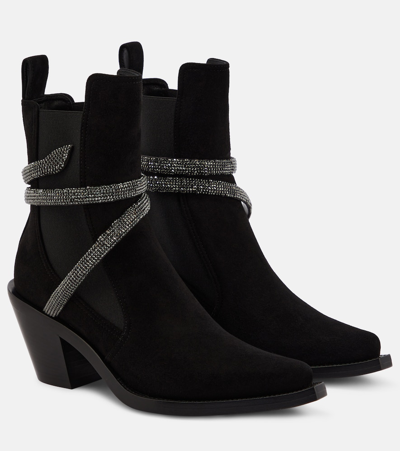 René Caovilla Suede Snake-wrap Chelsea Booties In Black