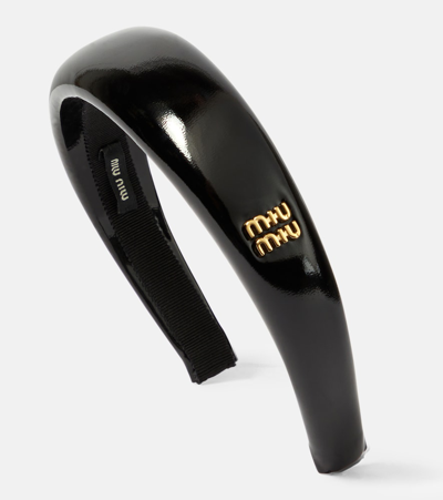 Miu Miu Logo-plaque Leather Headband In Black