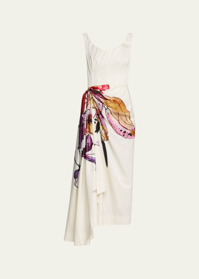 Jason Wu Collection Printed Draped Skirt Midi Dress In Chalk Multi