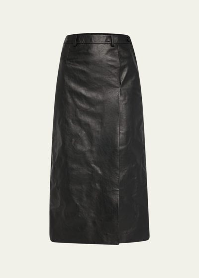 Balenciaga Slit Tailored Leather Midi Skirt In Noir