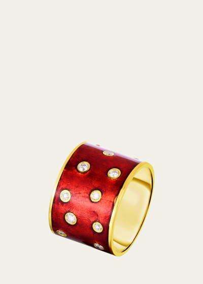 Audrey C. Jewels 18k Yellow Gold Diamond Cigar Band Ring In Red