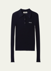 Miu Miu Logo Ribbed-knit Cashmere And Silk Polo Shirt In F0008 Bleu