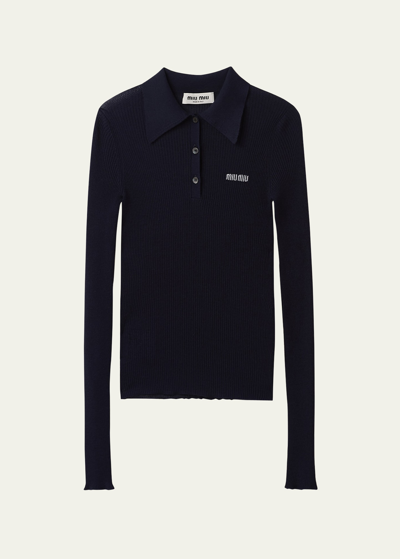 Miu Miu Logo-intarsia Cashmere Ribbed Polo Shirt In Bleu