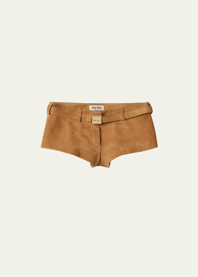 Miu Miu Suede Belted Shorts In F0418 Acero