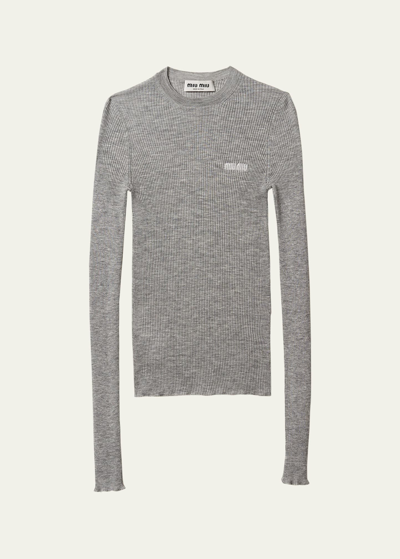 Miu Miu Cashmere Silk Rib Crewneck Sweater In Grey