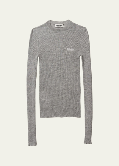 Miu Miu Cashmere Silk Rib Crewneck Sweater In F0031 Grigio