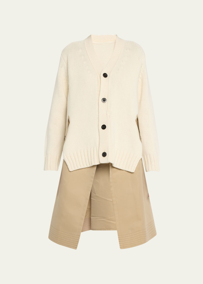 Sacai Layered Long Knit Cardigan In Off White X Beige