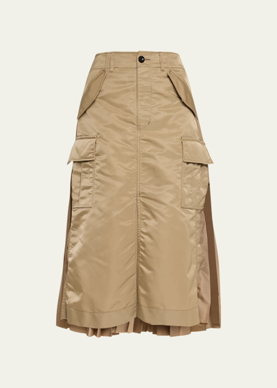 Sacai Nylon-twill Pleated Cargo Midi Skirt In Brown