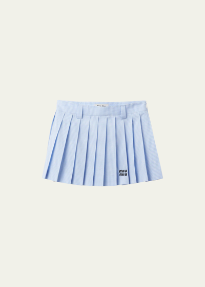 Miu Miu Gingham Check Pleated Mini Skirt In White/light Blue