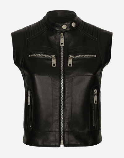 Dolce & Gabbana Logo-plaque Leather Waistcoat In Black