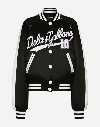 Dolce & Gabbana Satin Varsity Bomber Jacket With Dolce&gabbana Embroidery In Black