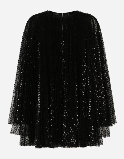 Dolce & Gabbana Pleated Short Dress With Wide Sleeves In Sequins In Black