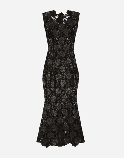 Dolce & Gabbana Faux Leather Macramé Calf-length Dress In Black