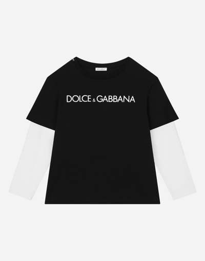 Dolce & Gabbana Kids' Long-sleeved Jersey T-shirt With Logo Print In Multicolor