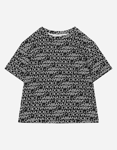 Dolce & Gabbana Kids' Short-sleeved Jersey T-shirt With The All-over Logo-print In Multicolor