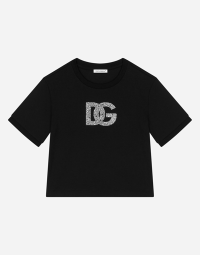 Dolce & Gabbana Jersey T-shirt With Rhinestone Logo In Black