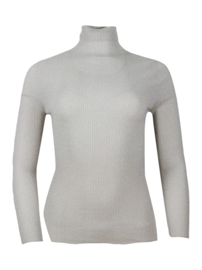 Fabiana Filippi Long-sleeved Turtleneck Sweater In Merino Lamè Embellished With Shiny Lurex That Gives Brightness In Beige