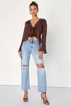 Lulus Thriving Flirt Brown Chiffon Ruffled Long Sleeve Tie-front Top In Brown