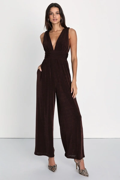 Lulus All About The Poise Brown Slinky Knit Wide-leg Jumpsuit