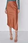 Lulus Contemporary Cutie Brown Satin High-rise Asymmetrical Midi Skirt In Brown