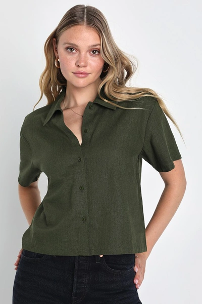 Lulus Easy Aesthetic Olive Green Linen Short Sleeve Button-up Top