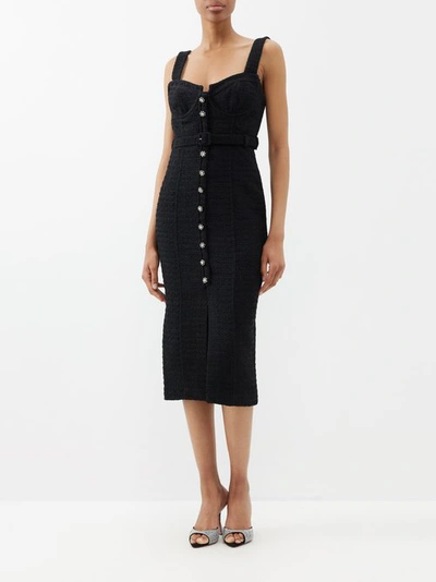 Self-portrait Belted Embellished Bouclé-tweed Midi Dress In Black