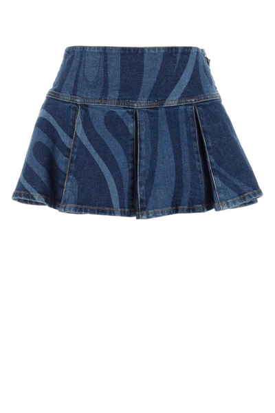 Pucci Marmo Pleated Denim Miniskirt In Blue