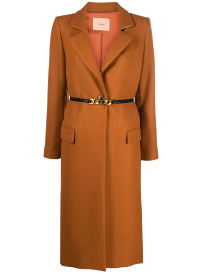 Twinset Single-breasted Belted Coat In Orange