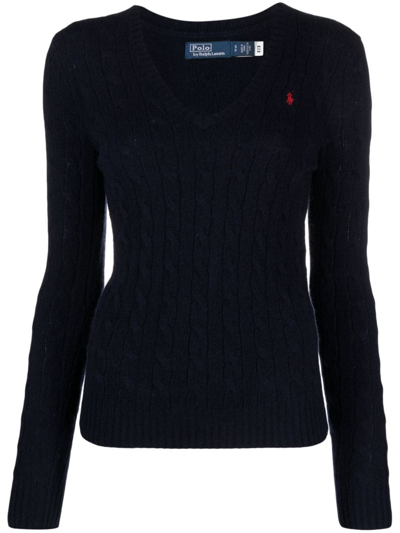 Polo Ralph Lauren V Neck Sweater With Braids In Azul Oscuro