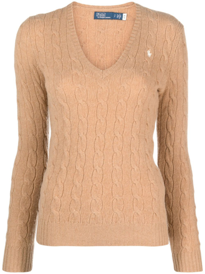 Polo Ralph Lauren Kimberly V-neck Cable Knit Jumper In Brown