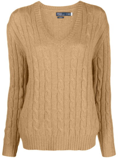 Polo Ralph Lauren Oversize V Neck Sweater With Braids In Neutral