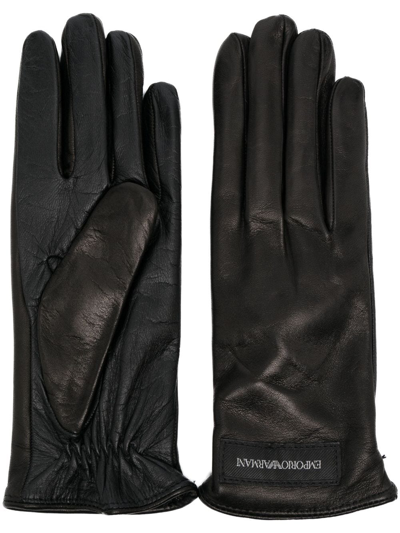 Emporio Armani Logo-patch Leather Gloves In Black