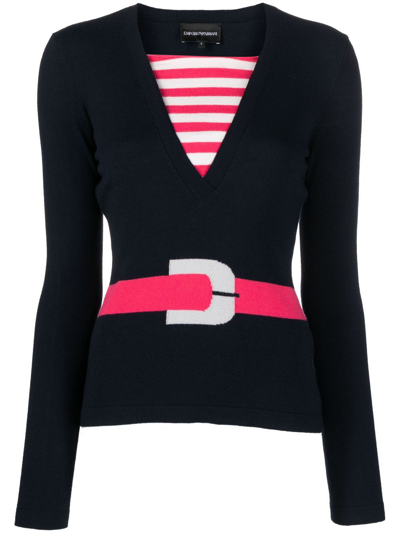 Emporio Armani Striped Sweater With Belt Printing In Navy Blue