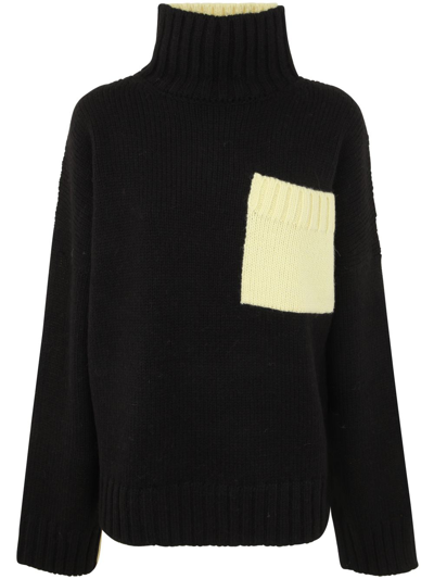 Jw Anderson Bicolor Patch Pocket Sweater In Black,fluo Yellow