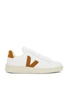Veja V-12 Suede And Leather Trainers In Extra White & Camel