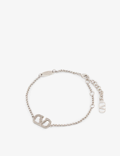 Valentino Garavani Vlogo Logo-plaque Crystal-embellished Brass Bracelet In Palladium/crystal Silver