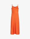 Allsaints Womens Pop Orange Hadley Cowl Neck Stretch Recycled Polyester-blend Midi Dress In Pop Orange