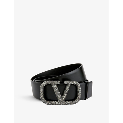 Valentino Garavani Embellished V-logo Leather Belt In Nero/black Diamond