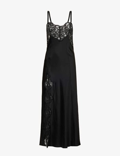 Rodarte Black Silk Satin And Lace Bias Slip Dress With Slit
