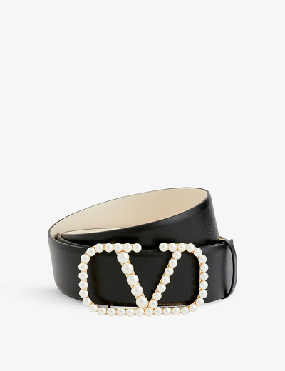 Valentino Garavani Womens Nero Light Ivory V-logo Pearlescent-buckle Leather Belt In Monochrome
