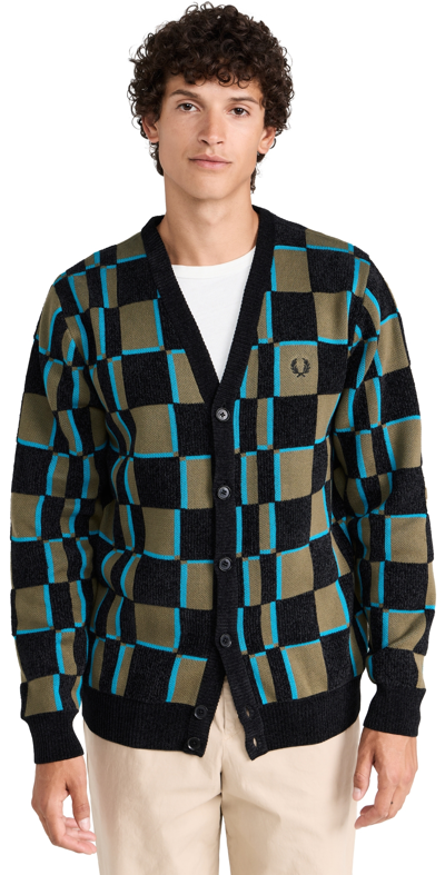 Fred Perry Glitch Chequerboard Cardigan In Olive