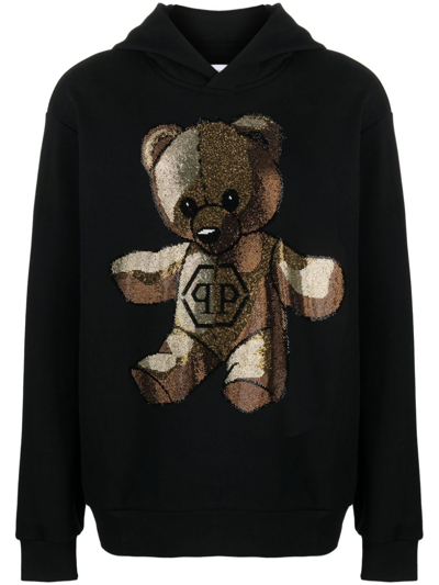 Philipp Plein Teddy Bear Rhinestone-embellished Hoodie In Black